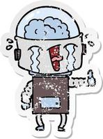 distressed sticker of a cartoon crying robot making gesture vector