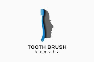 Toothbrush or dental care logo design, the silhouette of a toothbrush blends with the silhouette of a woman's face in a creative concept vector