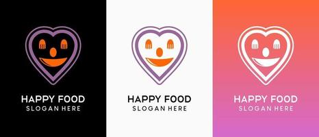 diseño de logotipo de comida feliz, icono de cuchara, tenedor y tazón en una cara sonriente en forma de corazón vector