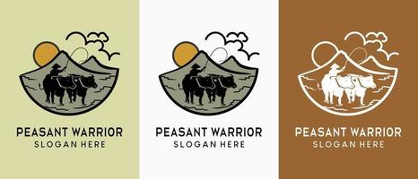 Farmer or field plow logo design in vintage style. Silhouette of people plowing the fields blending with nature vector