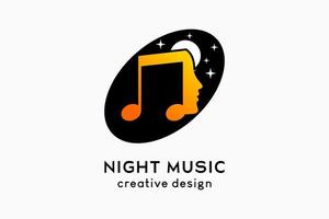 Night music lover logo design, tone icon blends with face silhouette with night background in oval vector