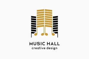 diseño del logotipo de un edificio o sala de música, el icono de tono se combina con el icono del edificio en un concepto creativo vector