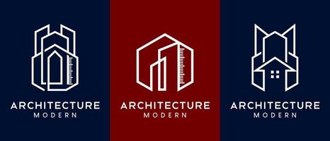diseño de logotipo de arquitecto, diseñador de edificios o casas con un concepto minimalista, un edificio combinado con un icono de regla en un hexágono vector