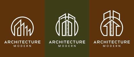 diseño de logotipo de arquitecto, diseñador de edificios o casas con un concepto minimalista, un edificio combinado con un icono de regla en un círculo vector