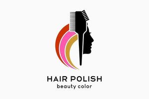 diseño de logotipo de pintura para el cabello o esmalte para el cabello, silueta de un peine de cepillo y cara de mujer con un concepto de color suave vector