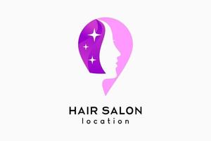 diseño de logotipo de peluquería o pin de peluquería, silueta de la cara de una mujer en un concepto de color degradado en un icono de ubicación vector