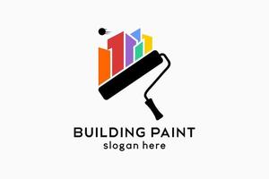 Wall paint or building paint logo design, a roll brush silhouette combined with a building icon in rainbow colors vector