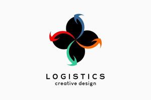 logotipo de empresa de logística, logística y envío. icono de flecha con un concepto giratorio combinado con un punto de forma de flor vector