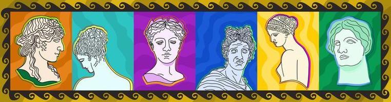 Vector bright illustration of six antique statues.