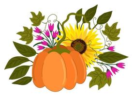 Vector isolated autumn bouquet with pumpkin and sunflower.