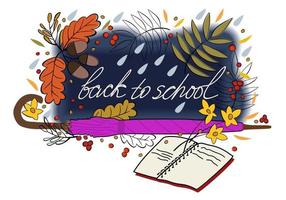 Back to school. Vector isolated illustration of umbrella, blackboard and exercise book.