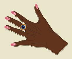 Vector isolated illustration of female dark-skinned hand with a ring and french manicure. Evil eye mascot.