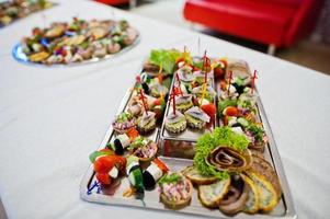 Close-up photo of salty snacks made with meat on the table.