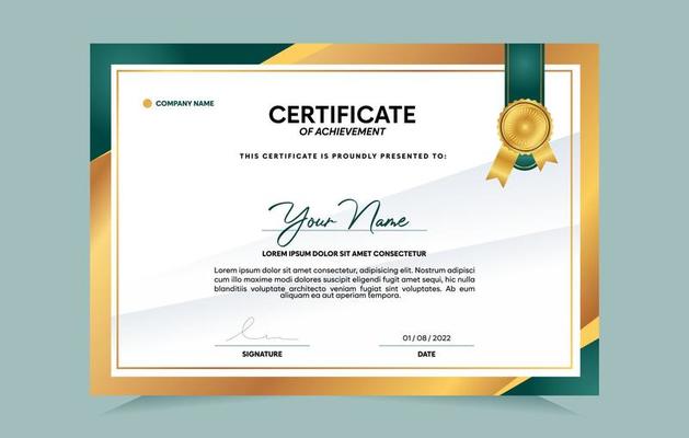 Green and gold certificate of achievement template set with gold badge and border.  For award, business, and education needs. Vector Illustration