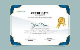 Blue and gold certificate of achievement template set with gold badge and border.  For award, business, and education needs. Vector Illustration