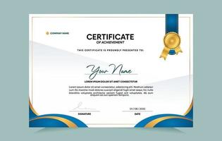 Blue and gold certificate of achievement template set with gold badge and border.  For award, business, and education needs. Vector Illustration