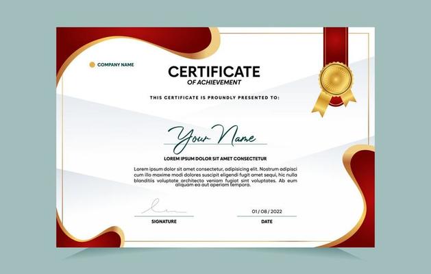 Red and gold certificate of achievement template set with gold badge and border.  For award, business, and education needs. Vector Illustration