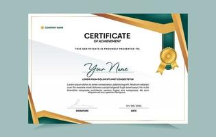 Green and gold certificate of achievement template set with gold badge and border.  For award, business, and education needs. Vector Illustration
