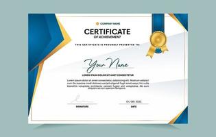 Blue and gold certificate of achievement template set with gold badge and border.  For award, business, and education needs. Vector Illustration