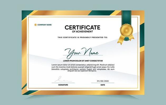 Green and gold certificate of achievement template set with gold badge and border.  For award, business, and education needs. Vector Illustration