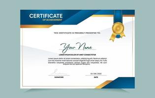 plantilla de certificado de logro azul y dorado con insignia dorada y borde. para premios, negocios y necesidades educativas. ilustración vectorial vector