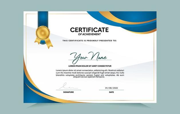 Blue and gold certificate of achievement template set with gold badge and border.  For award, business, and education needs. Vector Illustration