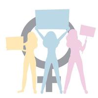 Vector illustration of women holding signs or placard on a protest demostration or picket. Woman against violence, pollution, descrimination, human rights violation.