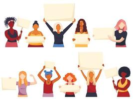 Set of vector illustration of women holding signs or placard on a protest demostration or picket. Woman against violence, pollution, descrimination, human rights violation.