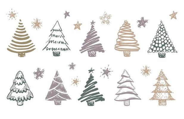 Christmas tree hand drawn illustrations. Vector.