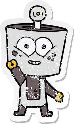 distressed sticker of a happy cartoon robot waving hello