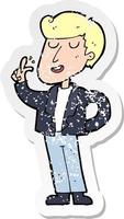 retro distressed sticker of a cartoon cool guy snapping fingers vector