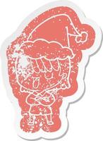 cartoon distressed sticker of a woman wearing santa hat vector