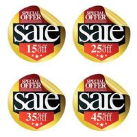 Gold sale stickers with red ribbon 15,25,35,45 percent off vector