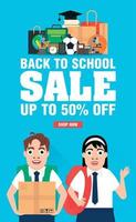 Back to school sale 50 percent  discount with school students vector