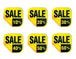 Sale yellow stickers icon set. Sale 10, 20, 30, 40, 50, 60 percent off vector