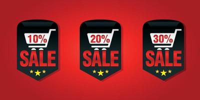 Set of sale badges 10, 20, 30 percent off with shopping cart vector