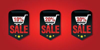 Set of sale badges 10, 20, 30 percent off with shopping cart vector