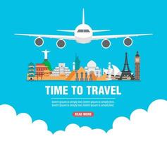 Time to travel. Around the world concept design flat banner with airplane vector