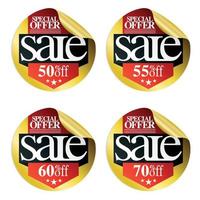 Gold sale stickers with red ribbon 50,55,60,70 percent off vector