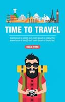 Time to travel. Hipster traveler concept design flat vector