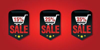 Set of sale badges 15, 25, 35 percent off with shopping cart vector