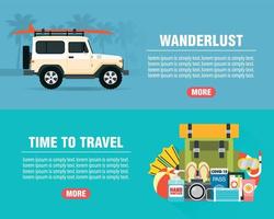 Summer wanderlust concept design flat banners set with suv. Time to travel. Travel icon. Safe journey vector