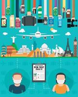 Travel flat design. Travel by plane. A couple of tourists ready to travel. People with a negative PCR test for coronavirus. Signs of Covid-19 prevention vector