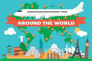 Around the world flat design with plane and map land vector