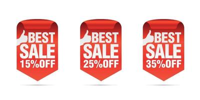 Red best sale badges set. Best choice. Sale 15, 25, 35 percent off vector