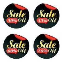 Black, red, gold sale stickers set with bubble 50, 55, 60, 70 percent off vector