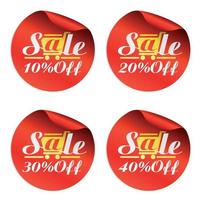 Red sale stickers 10, 20, 30, 40 percent off with gold shopping cart vector