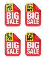 Big Sale red stickers set with yellow ribbon. Sale stickers 50, 60, 70, 80 percent off vector