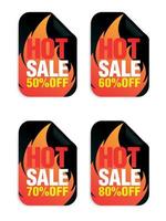 Hot sale. Black stickers set with red flame. Sale stickers 50, 60, 70, 80 percent off vector