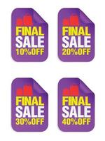 Violet sale badges, stickers set. Sale 10, 20, 30, 40 percent off with packages icon vector